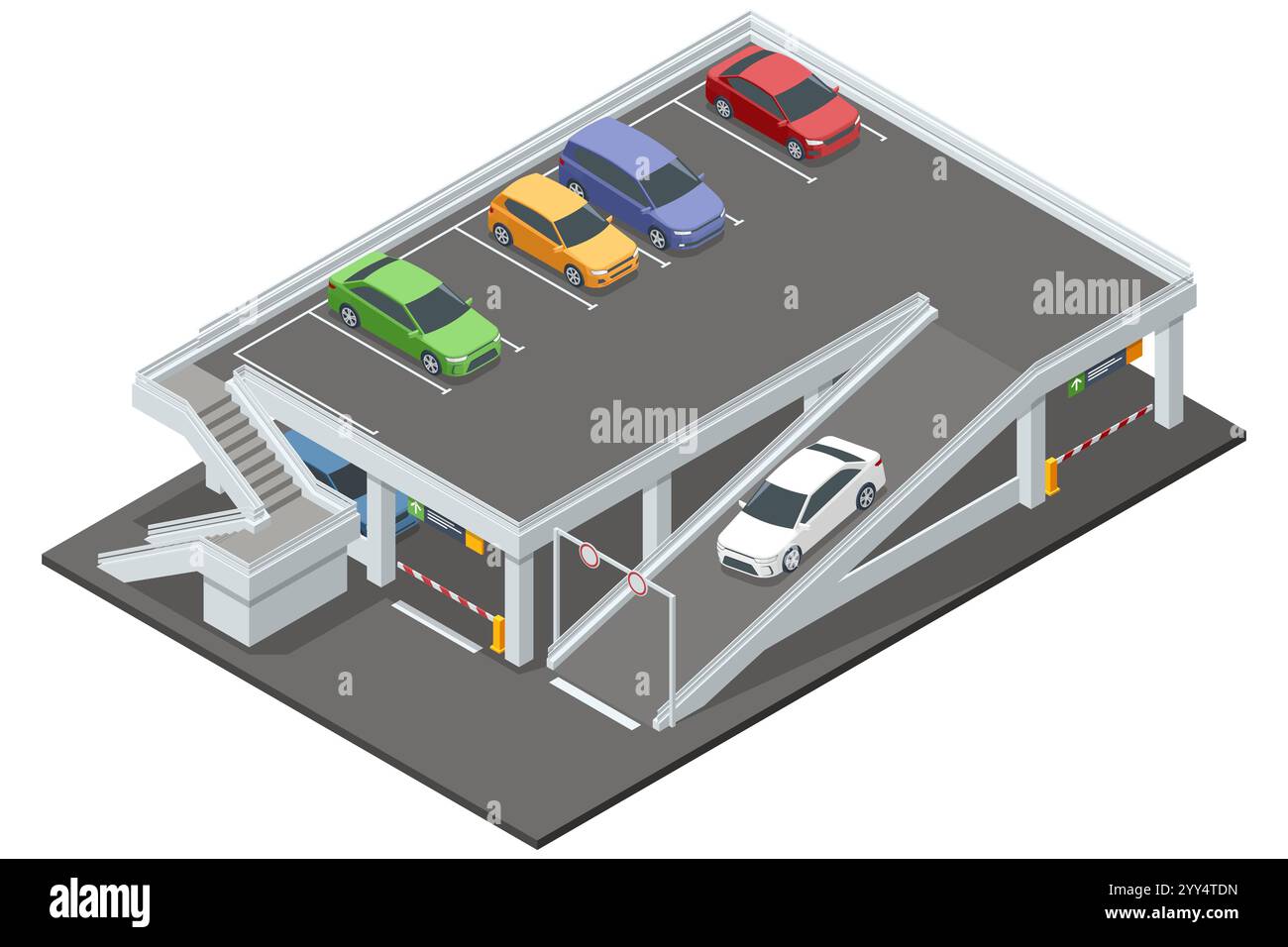 Garage de stationnement isométrique à plusieurs niveaux rempli de différentes voitures colorées. Le bâtiment détaillé a des rampes, des places de stationnement et de la verdure environnante Illustration de Vecteur