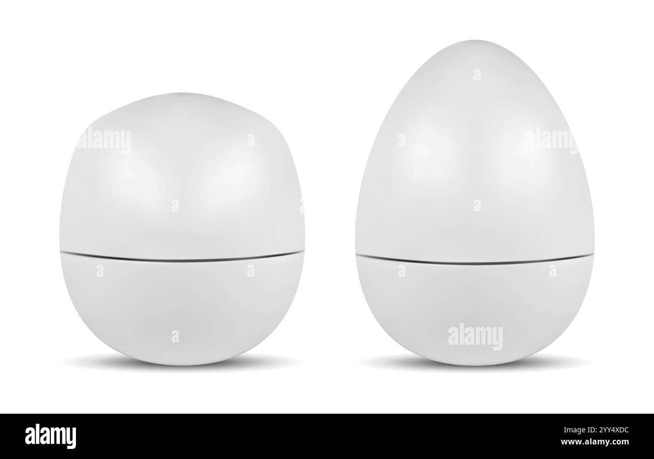 Modèle de vecteur de paquet cosmétique rond de baume à lèvres. Modèle de boîte de crème hydratante peau en forme d'œuf. Récipient de beauté en plastique blanc avec bouchon, illustr réaliste Illustration de Vecteur