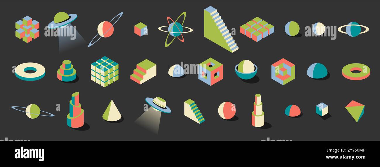 Neo brutalist vibrant formes abstraites 3D avec une esthétique rétro. Comprend des cubes, des planètes et des formes d'OVNI. Parfait pour la création d'affiches modernes, d'art mural tendance ou de modèles de design colorés Illustration de Vecteur