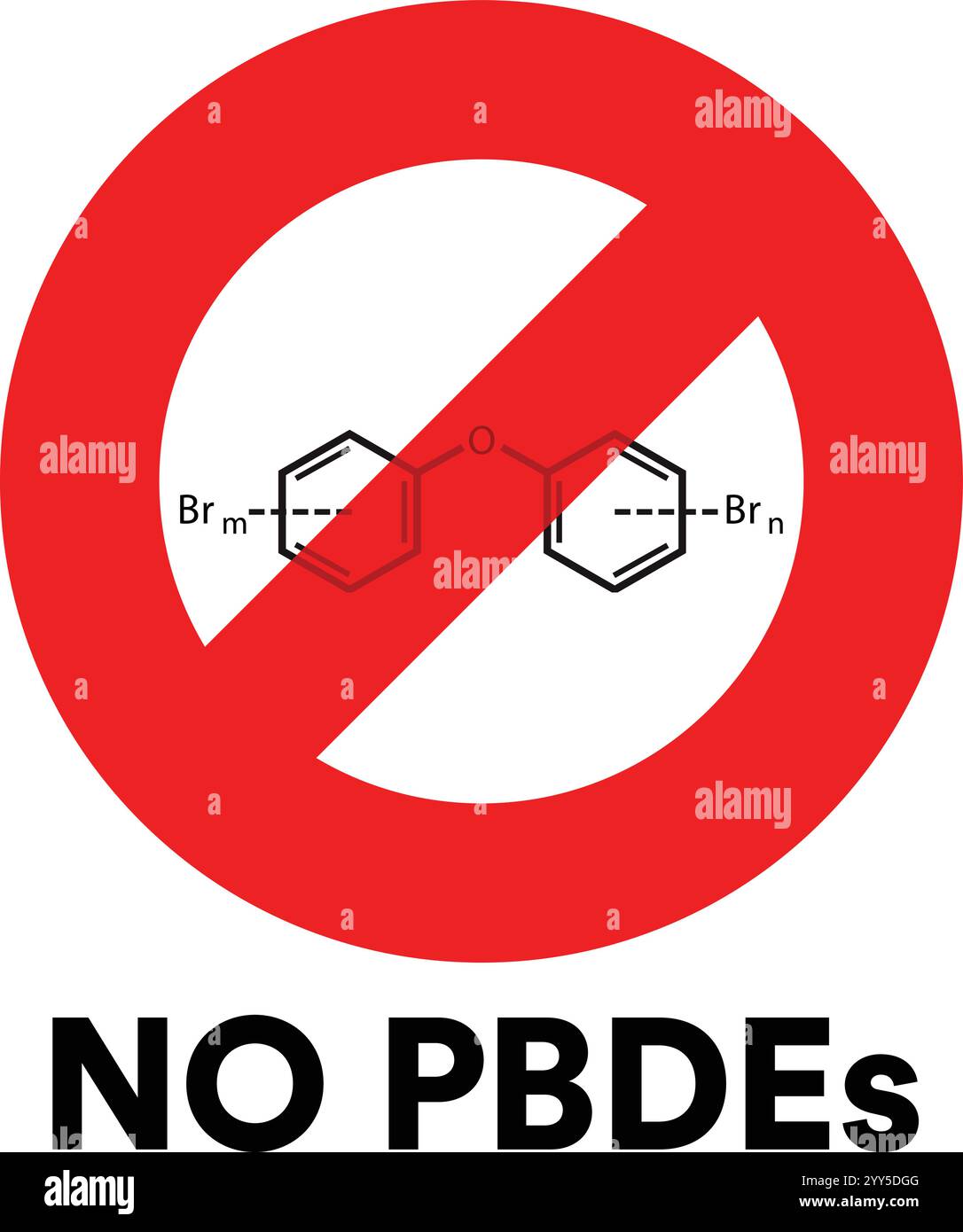 Pas de PBDE cercle rouge avec symbole de ligne au-dessus de la structure chimique. Polybromodiphényléthers. Illustration de Vecteur