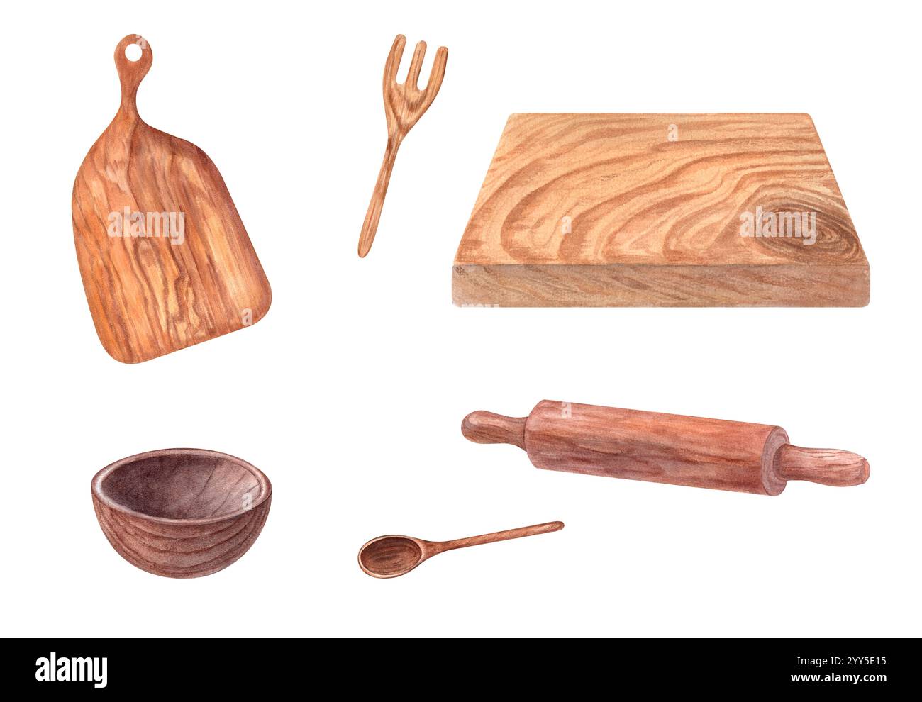 Bols vides en bois clip art illustration aquarelle dans un style rustique. Ustensile brun foncé de cuisine pour céréales, Acai. Cuisson d'outils faits à la main pour la nourriture. Banque D'Images