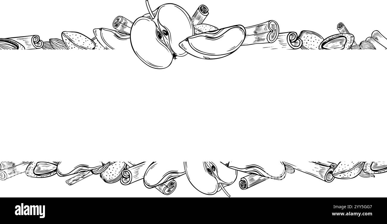 Amande, tranche de pomme et bâtonnets de cannelle bordure horizontale avec un espace vide pour le texte. Assaisonnement aromatique aux fruits frais, ingrédients de noix monochrome Illustration de Vecteur
