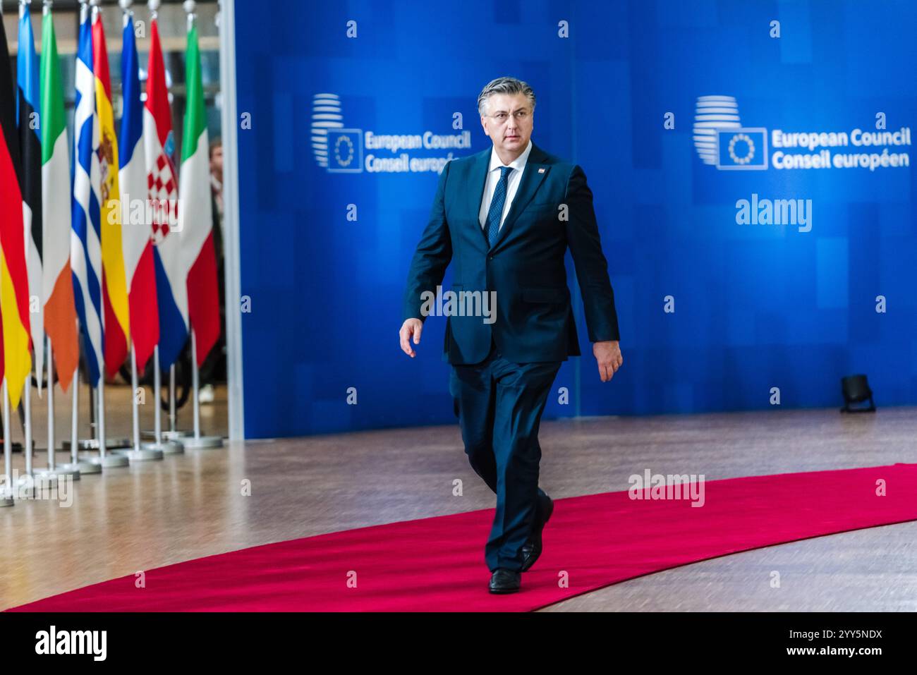 BRUXELLES, BELGIQUE - 19 DÉCEMBRE 2024. Andrej PLENKOVIĆ, premier ministre croate, arrive au sommet du conseil européen, dans le bâtiment Europa, le siège du Conseil de l'UE à Bruxelles, Belgique, le 19 décembre 2024. Les dirigeants de l'UE se réunissent à Bruxelles pour discuter de l'Ukraine, de l'UE dans le monde, du moyen-Orient, de la résilience et de la préparation, des migrations et des questions de politique étrangère. Crédit : Morfo SAVVA | Alamy Live News. Banque D'Images