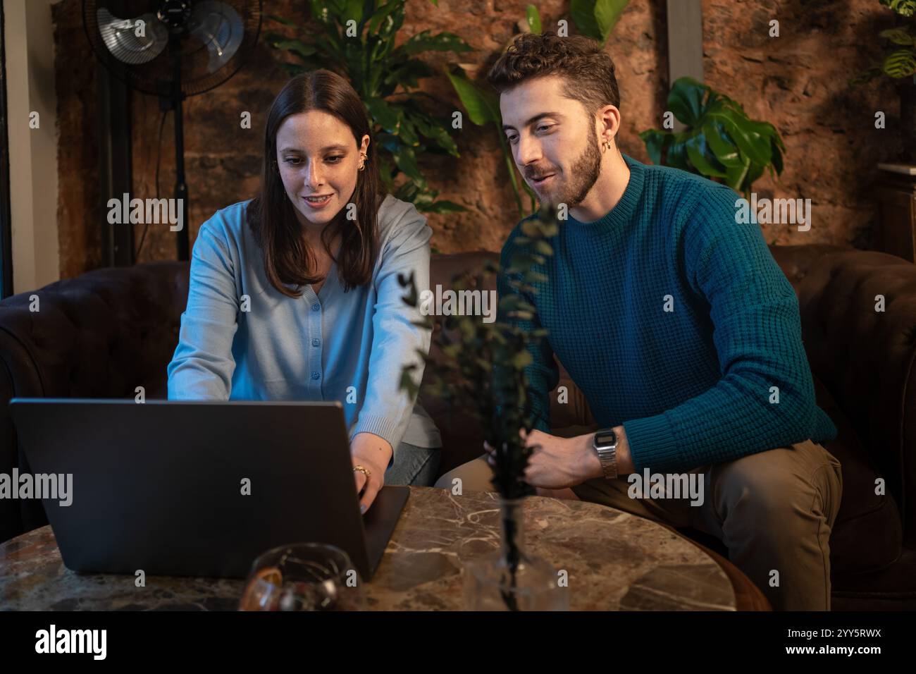 Jeunes adultes collaborant sur un ordinateur portable dans un espace de travail intérieur détendu avec des décorations naturelles. Parfait pour les concepts de travail d'équipe, coworking, apprentissage, Banque D'Images