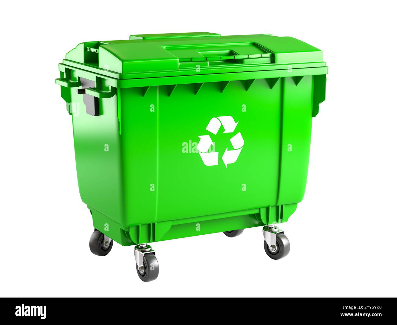 Conteneur vert montrant le symbole de recyclage sur fond transparent 3D. Banque D'Images