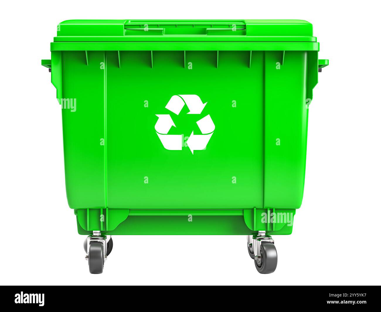 Récipient en plastique vert affichant le symbole de recyclage 3D. Banque D'Images