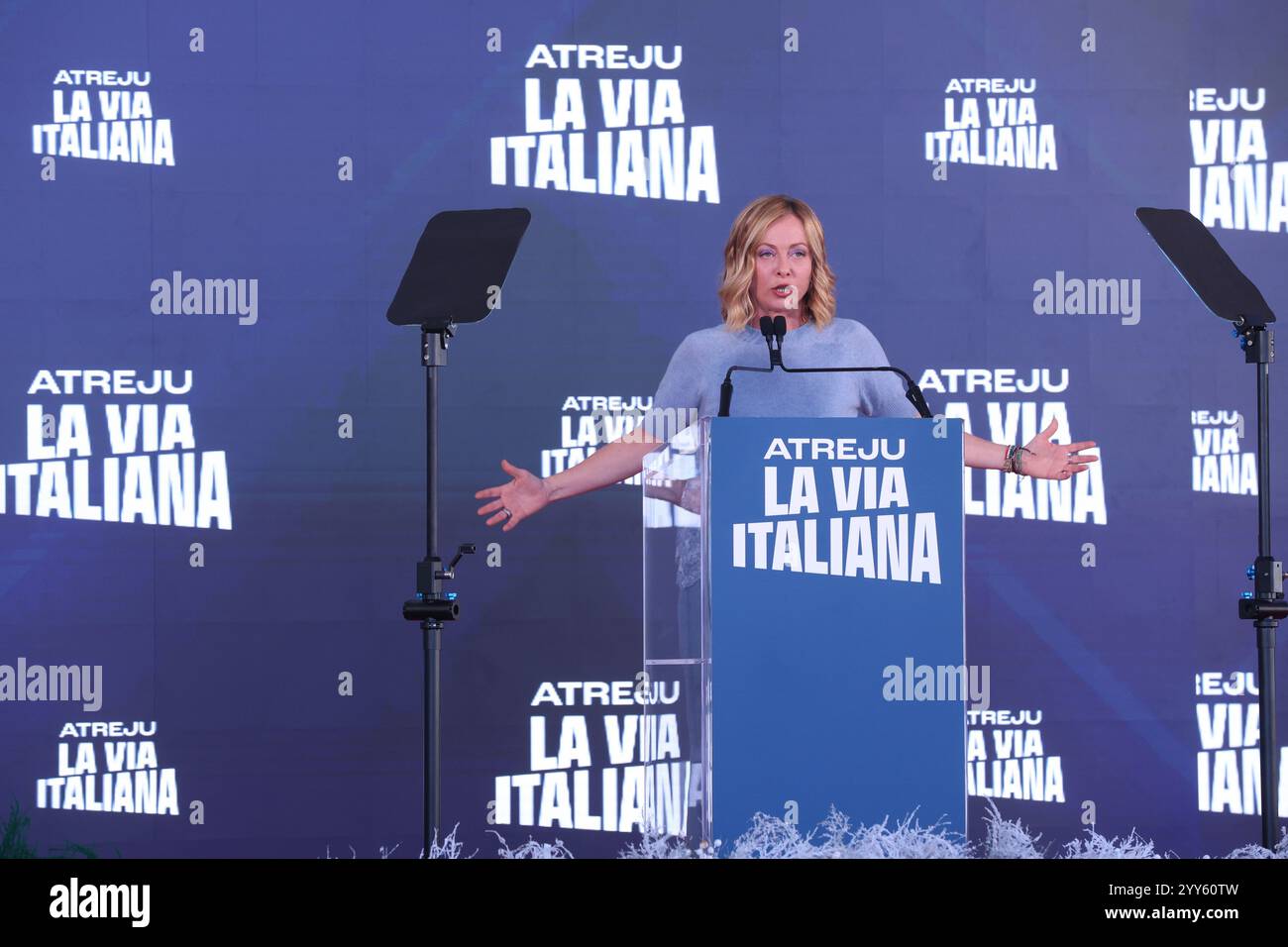 Rome, Italie. 15 décembre 2024. Le premier ministre italien Giorgia Meloni parle au parti italien Fratelli d'Italia de l'Atreju 2024 au Circo Massimo à Rome. (Photo de Paolo Pizzi/Pacific Press/Sipa USA) crédit : Sipa USA/Alamy Live News Banque D'Images