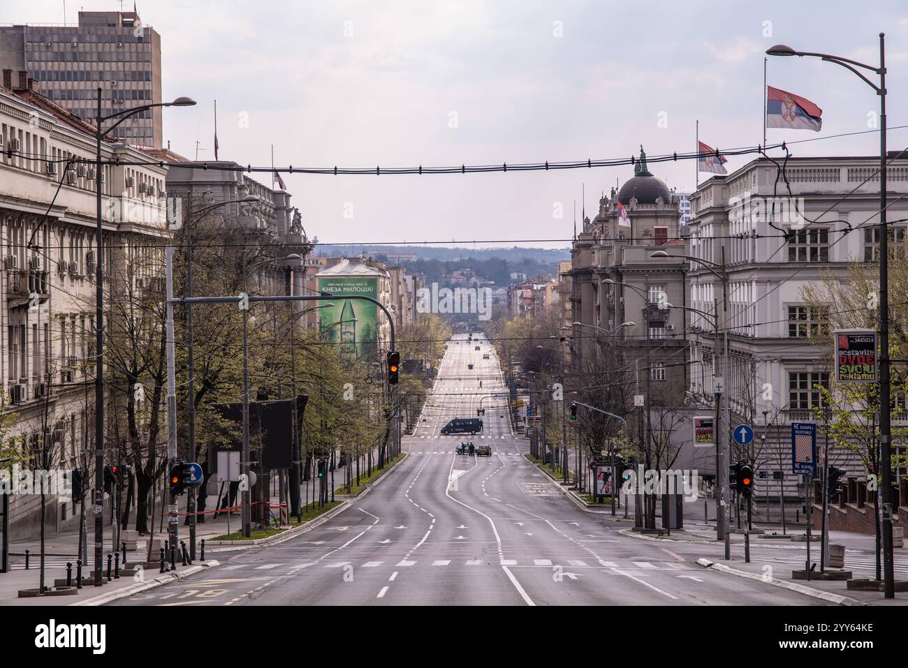 Rue vide de Kneza Milosa à Belgrade pendant le confinement de la ville causé par la pandémie de coronavirus covid-19. Belgrade, Serbie 05.04.2020 Banque D'Images