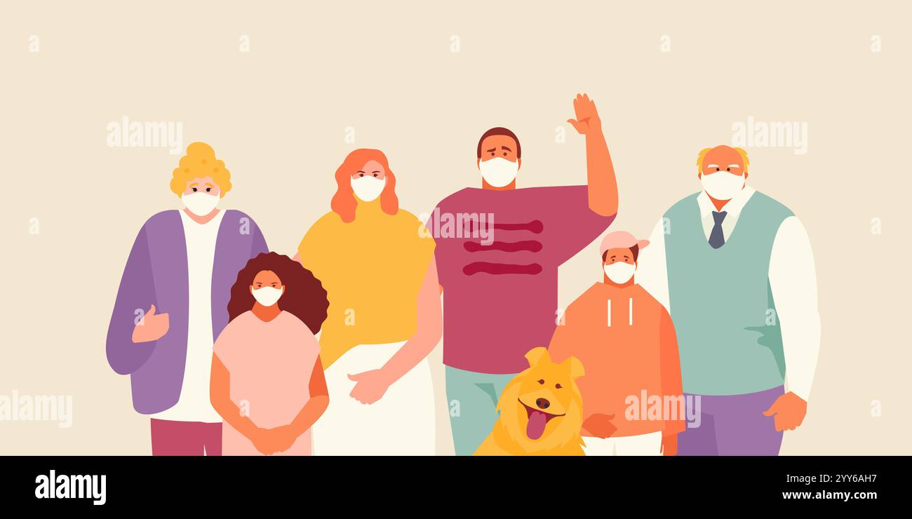 Grande famille en masques de protection. Coronavirus et caractères vectoriels de prévention épidémique Illustration de Vecteur