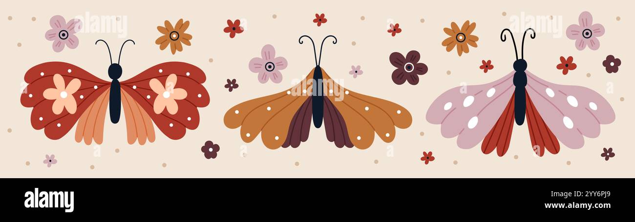 Papillons dans un style naïf dans des couleurs vintage. Illustration de Vecteur