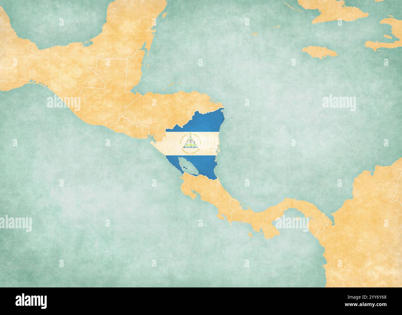 Nicaragua (drapeau nicaraguayen) sur la carte de l'Amérique centrale dans le style grunge doux et vintage, comme le vieux papier avec la peinture à l'aquarelle. Banque D'Images