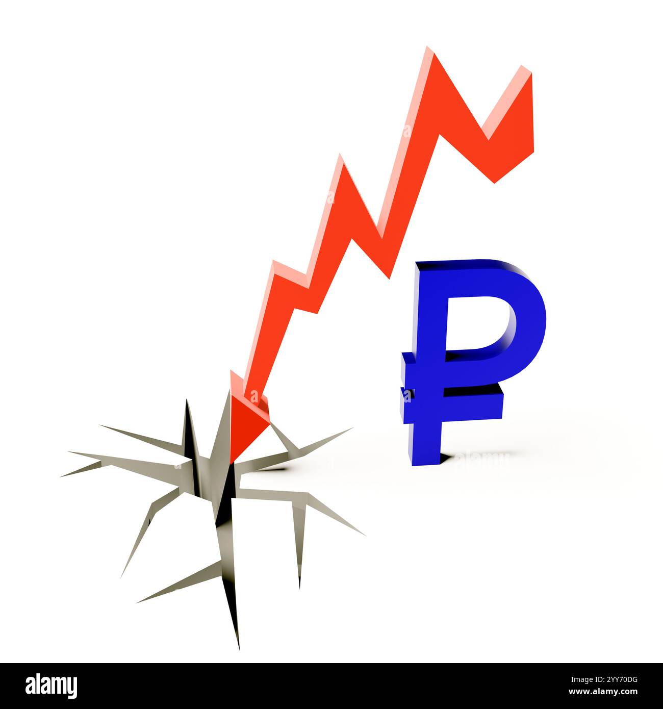 Rouble écrasé flèche vers le bas fissure sur le blanc Banque D'Images