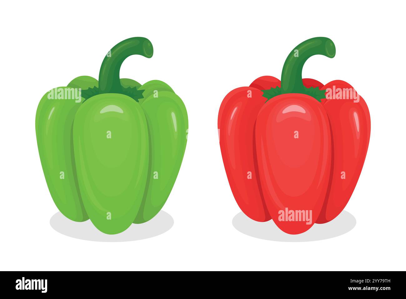 Deux vibrants Vector Cartoon Bell Peppers en vert et rouge. Vue latérale. Modèle de conception pour emballage alimentaire, projets culinaires, conceptions de cuisine. Élevé Illustration de Vecteur