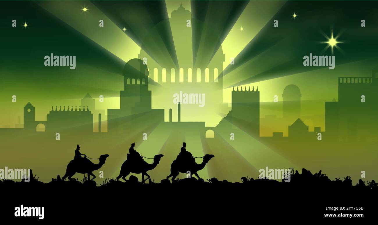 Image de la silhouette de trois sages sur chameaux au-dessus du paysage urbain sur fond vert. Noël, célébration et tradition concept généré numériquement i Banque D'Images