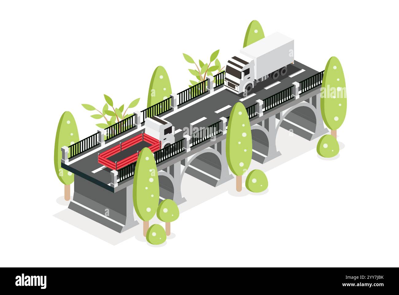 Pont à contour isométrique avec camion à plateau. Illustration vectorielle. Icône route. Infrastructures urbaines. Pont routier. Arbres en rangée. Voitures au volant. Illustration de Vecteur