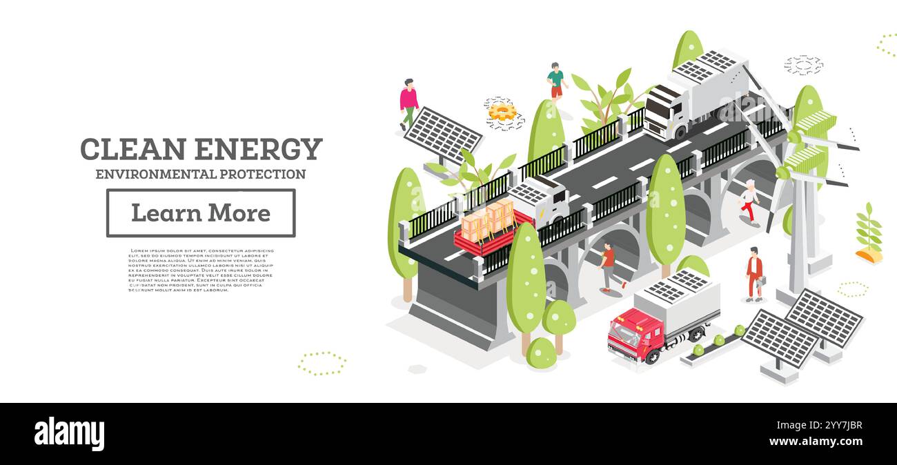 Énergie propre et protection de l'environnement. Pont avec des camions passant dessus. Panneaux solaires sur les toits de la voiture. Véhicules électriques. Éoliennes. Illustration de Vecteur
