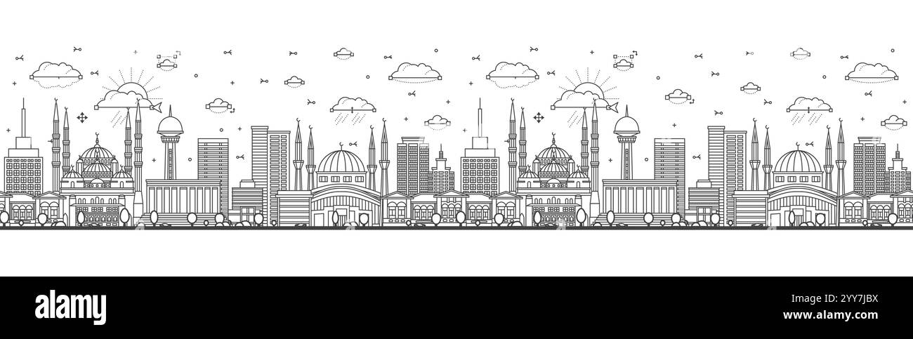 Modèle sans couture avec contour Ankara Turkey City Skyline avec bâtiments historiques isolés sur blanc. Illustration vectorielle. Paysage urbain d'Ankara. Illustration de Vecteur