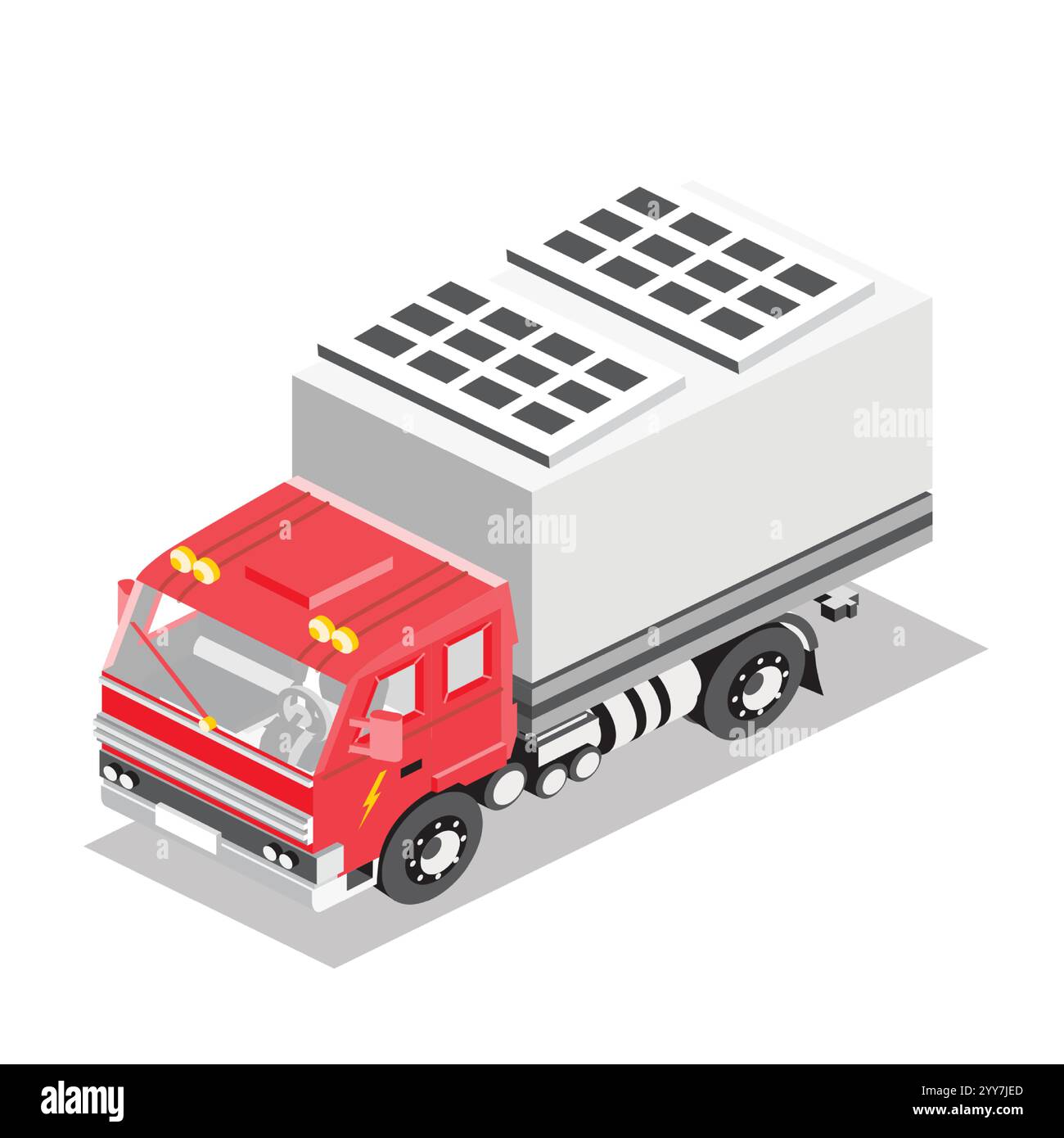 Camion de livraison isométrique avec panneaux solaires sur le toit. Automobile sur énergie solaire renouvelable. Véhicule électrique à éléments photovoltaïques. Hybride rouge. Illustration de Vecteur