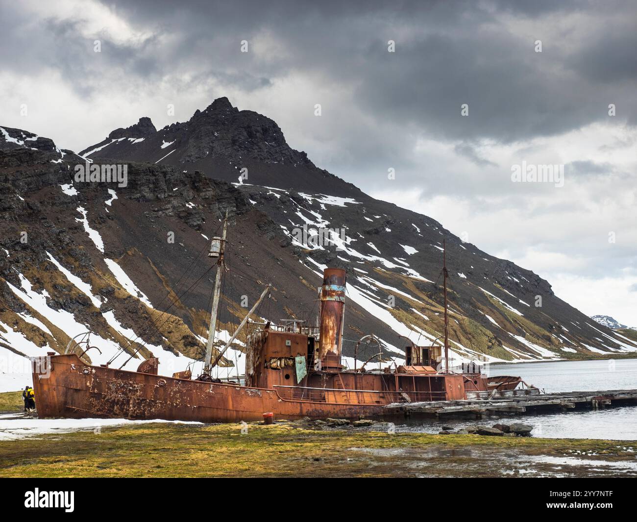 L'épave du baleinier Albatros échouée par les restes de la jetée Harpoon, Grytviken, Géorgie du Sud. Mount Duse est à l'extrême gauche. Banque D'Images