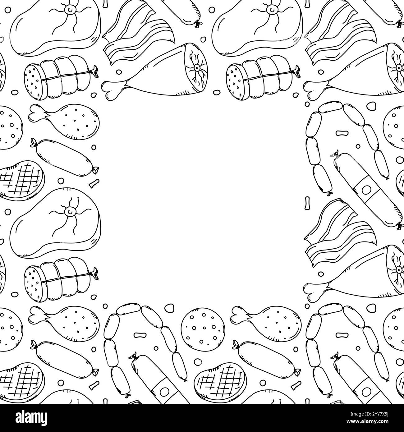 Cadre de viande. Fond de viande Doodle. Illustration vectorielle avec des icônes de produits de viande Illustration de Vecteur