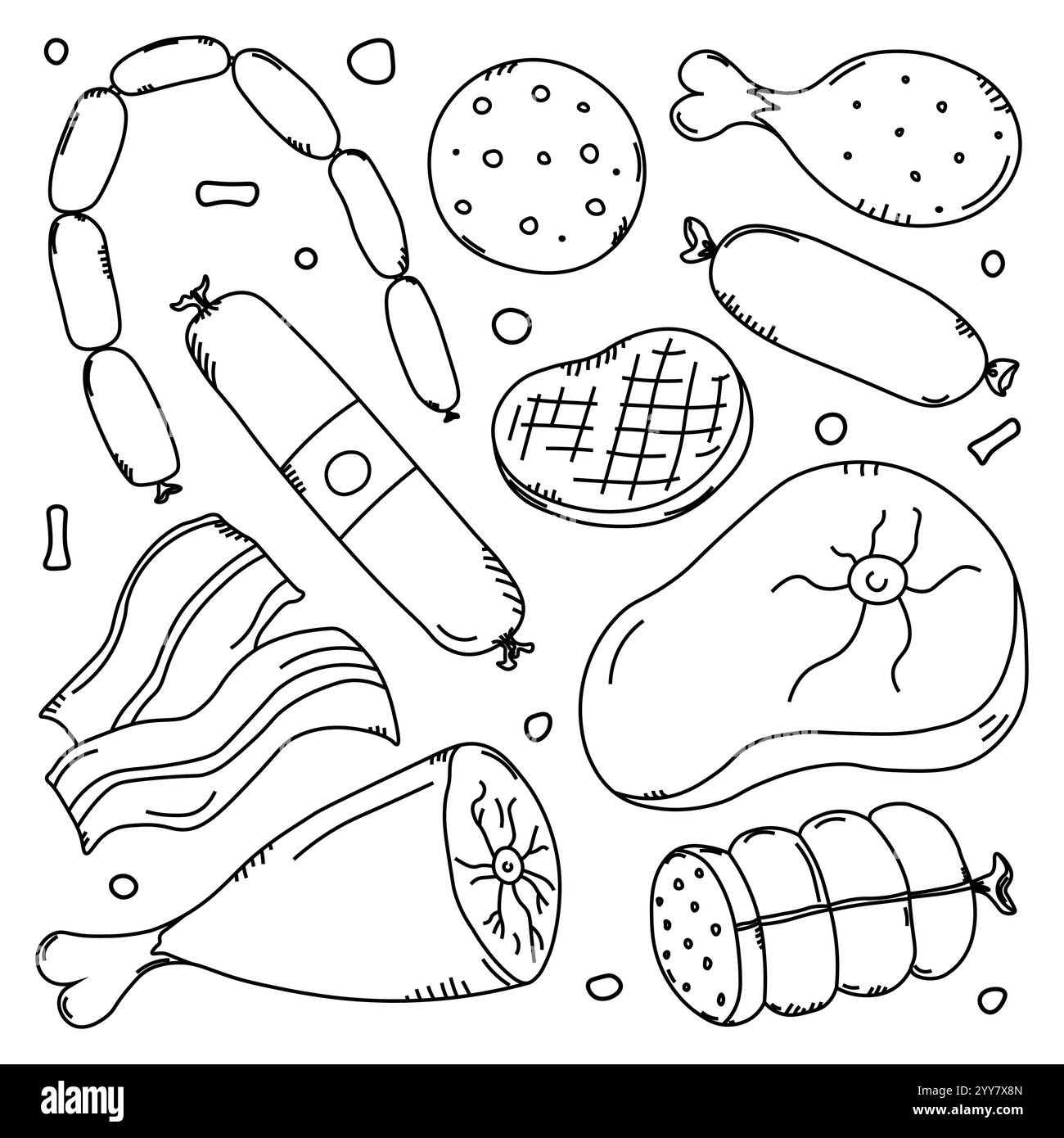 Illustration vectorielle Doodle avec des icônes de produits de viande. Fond de viande dessiné à la main Illustration de Vecteur