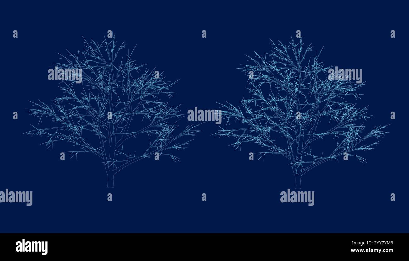 Dessin de ligne d'arbre cao de style minimal illustration vectorielle en trait de remplissage en bleu, ensemble d'arbres graphiques éléments de contour symbole pour la conception de paysage dra Illustration de Vecteur