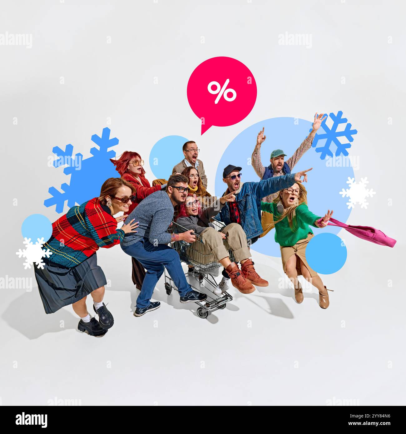 Des hommes et des femmes excités, des acheteurs chassant le symbole après-vente représenté par une bulle rose et des icônes hivernales. Banque D'Images