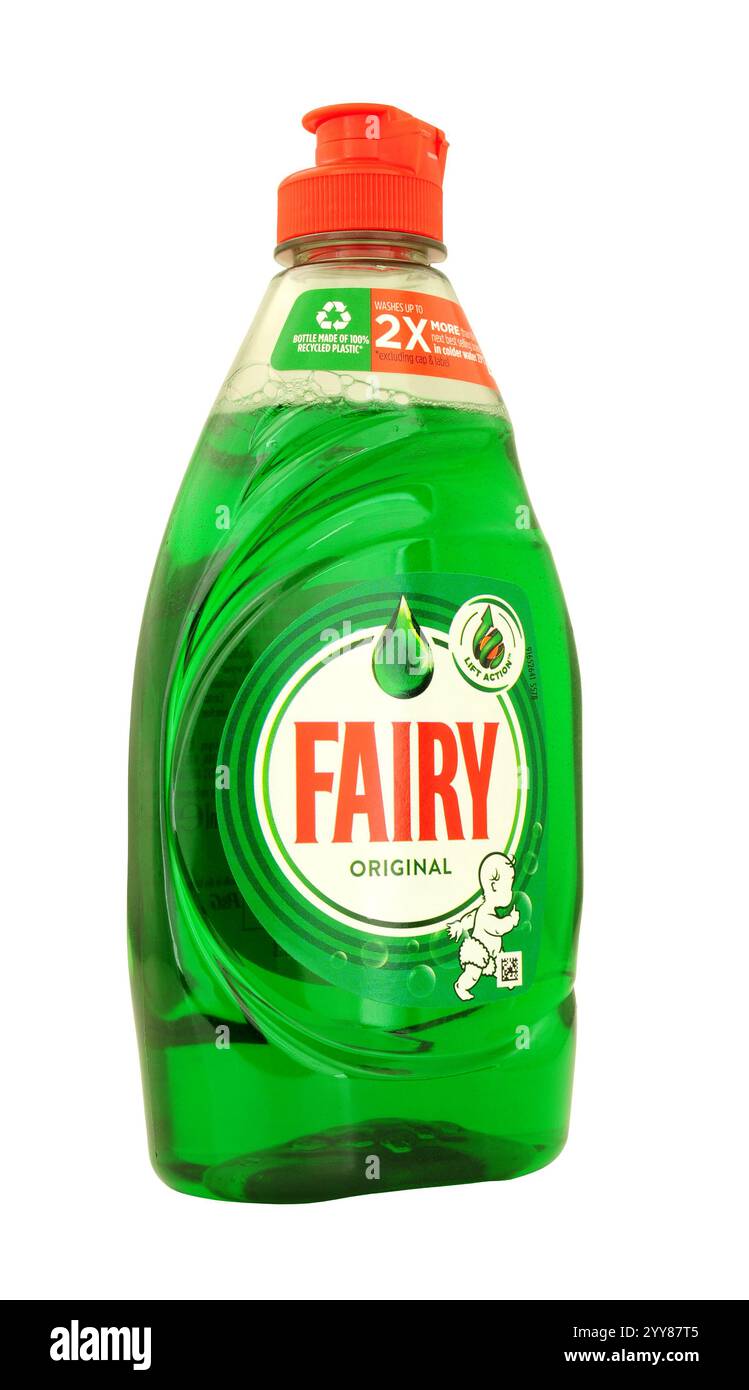 Détergent liquide vaisselle vert original Fairy deux fois plus durable dans un flacon souple de 654 ml Banque D'Images
