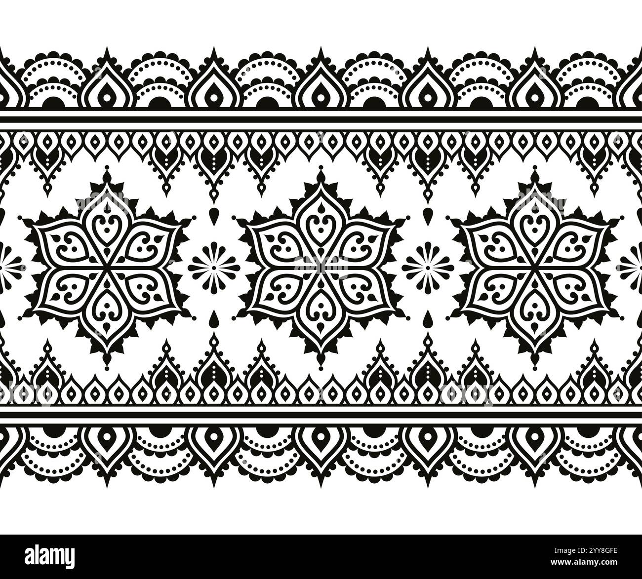 Style indien de tatouage Mehndi inspiré motif vectoriel sans couture en noir et blanc - style boho décoratif Illustration de Vecteur