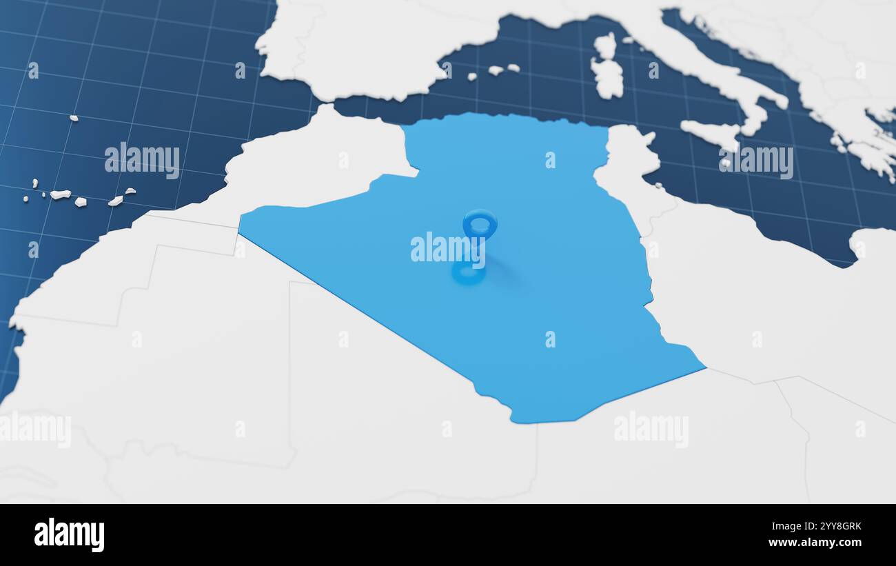 Bleu Algérie carte 3d avec aiguille de pointeur entouré d'autres pays en blanc. Carte politique de l'Europe avec des frontières. illustration de rendu 3d. Banque D'Images