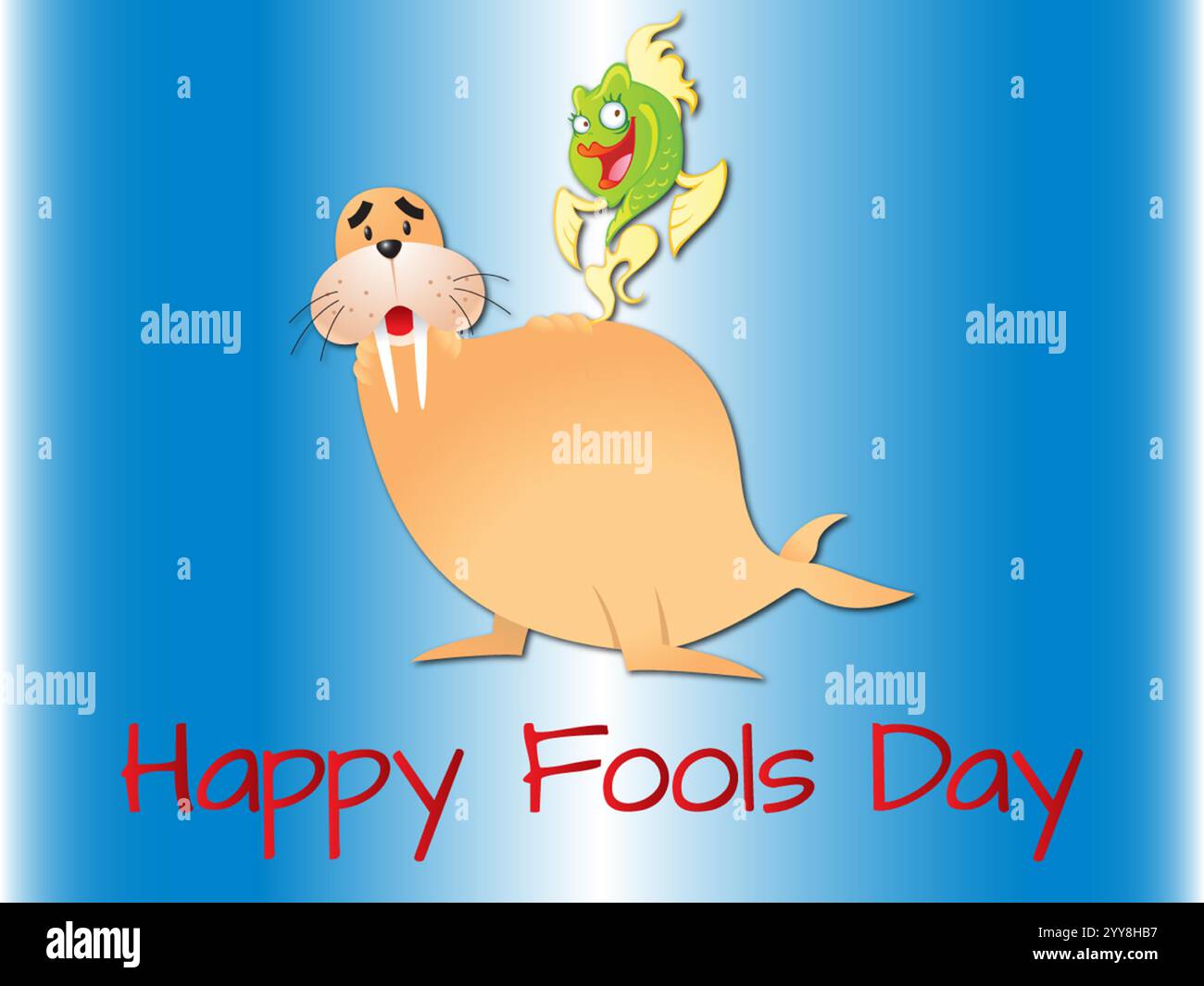 Dessin animé d'un morse et d'un poisson sur fond bleu avec les mots Happy Fools Day. Joueuse April Fools Day humour Happiness Joy bizarre Event Clip AR Illustration de Vecteur