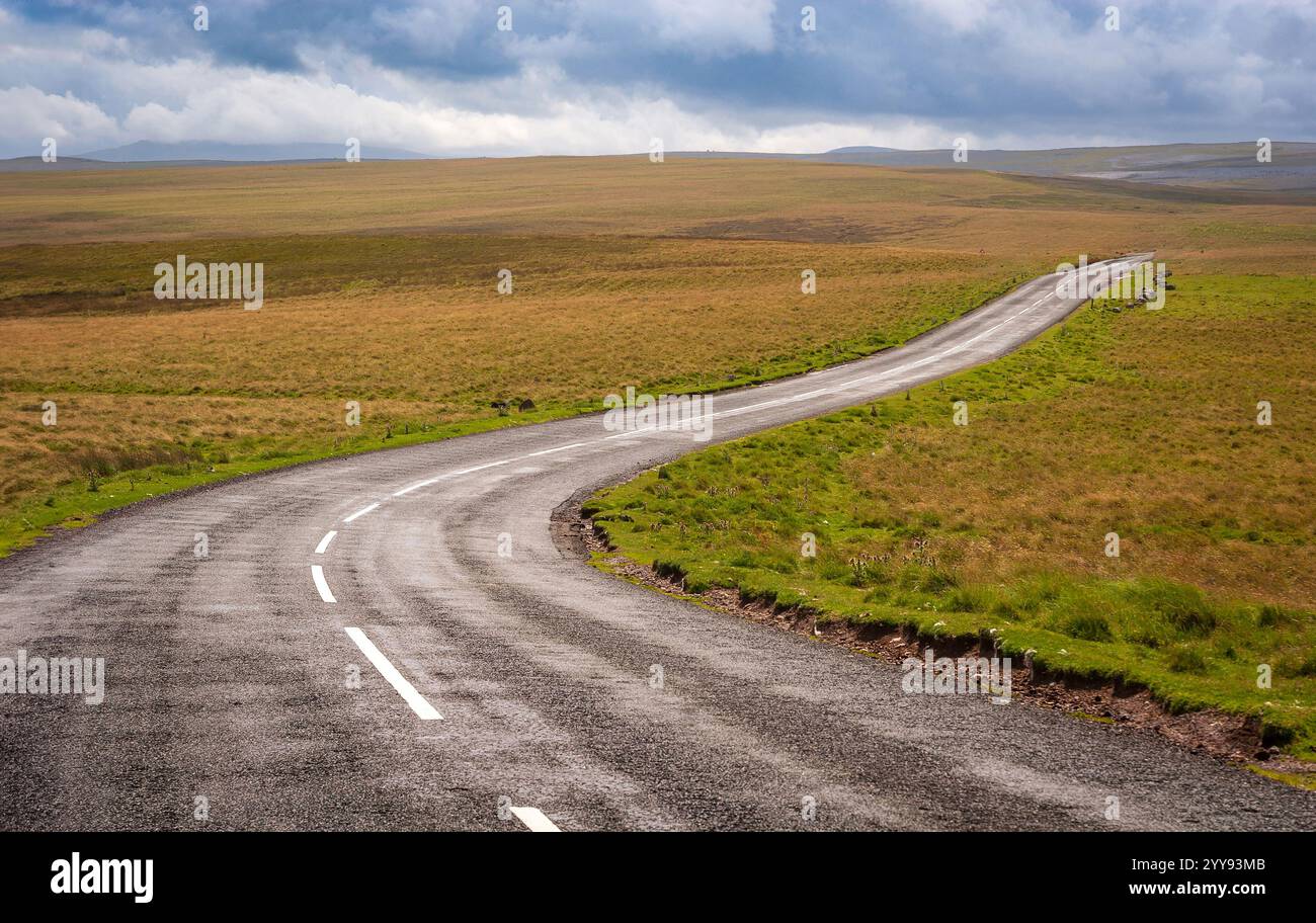 La route longue et sinueuse. Une route de landes dans le nord de l'Angleterre. Les Feneceposts ont été aérographiés. Banque D'Images