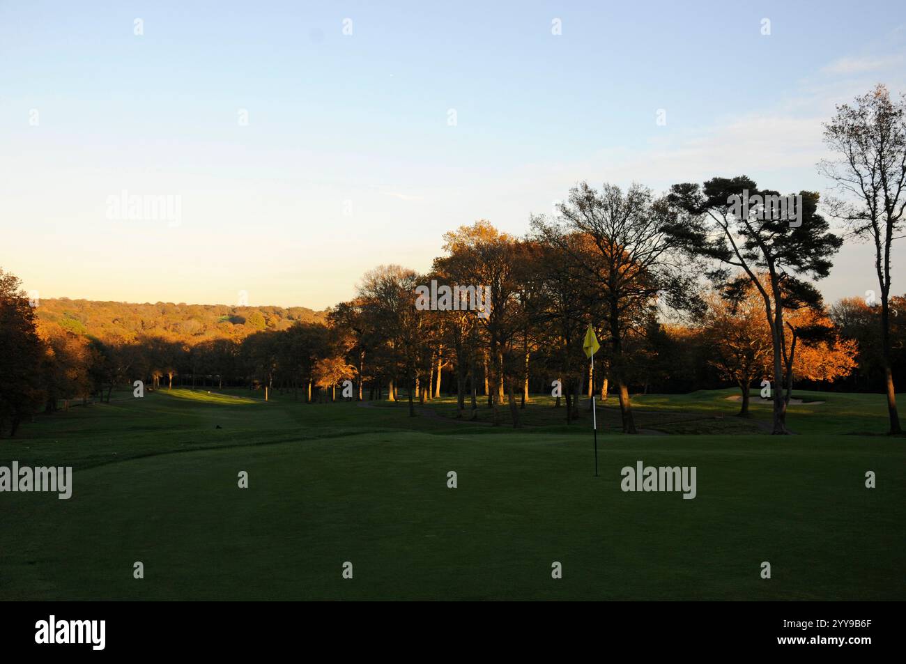 Vue sur 8th Green to Fairway et 1st Hole à droite, un jour d'automne, Coombe Golf Club, Richmond-upon-Thames, Surrey, Angleterre Banque D'Images