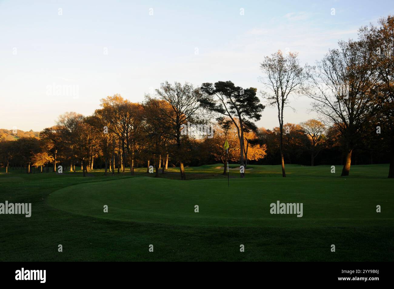 Vue sur 8th Green au 1st Hole , un jour d'automne, Coombe Golf Club, Richmond-upon-Thames, Surrey, Angleterre Banque D'Images