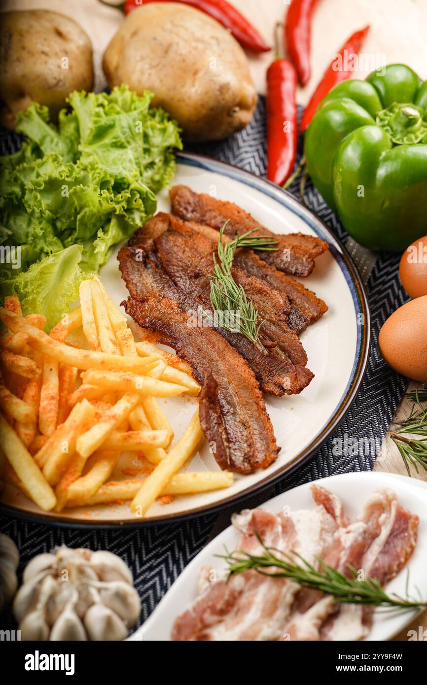 Les tranches de poitrine de porc grésillantes cuisent sur une plaque chauffante : bords croustillants, centre juteux et cette irrésistible gâteau doré en cours. Banque D'Images