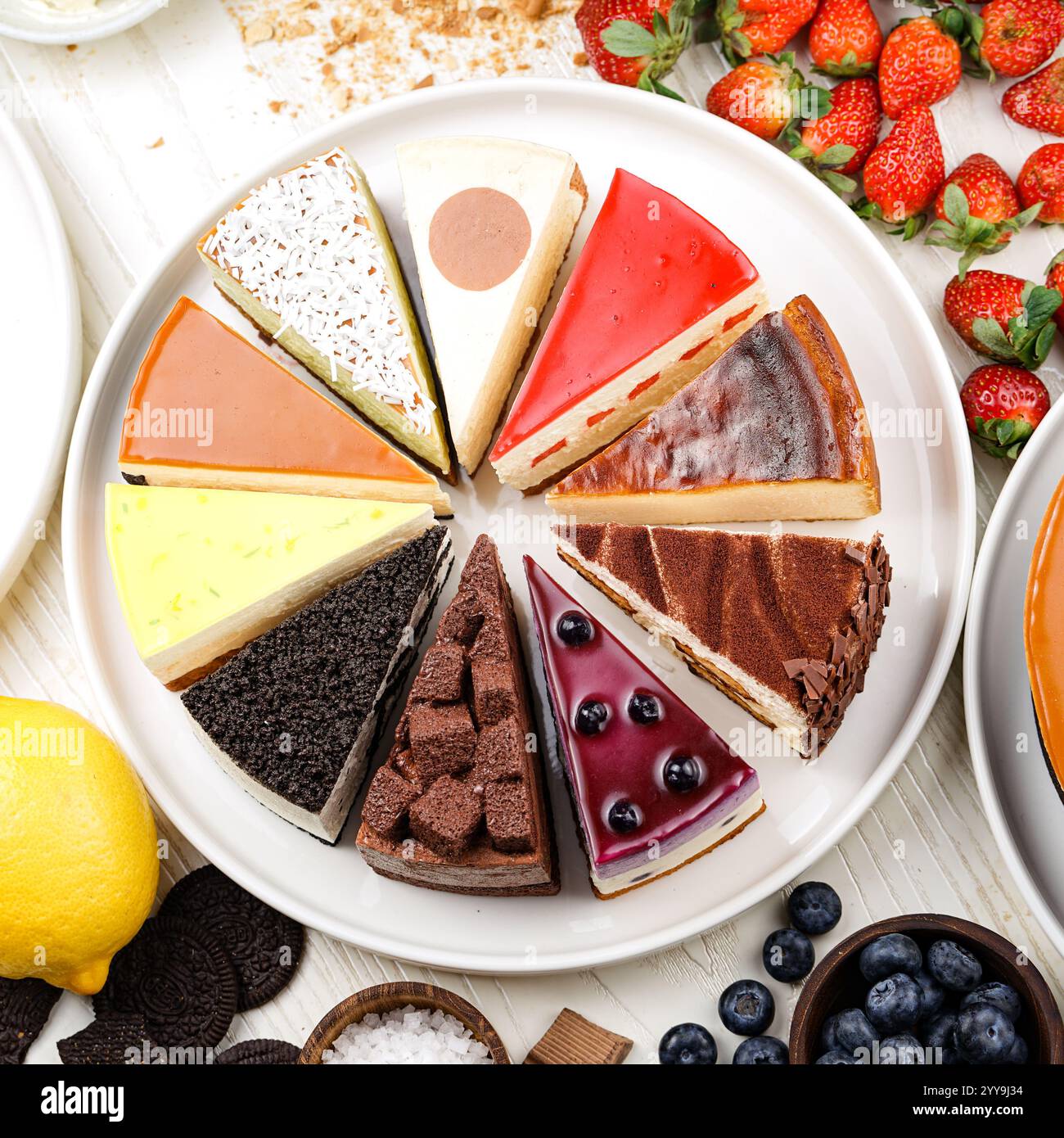 Tranches de cheesecake assorties disposées en cercle sur une assiette blanche, présentant une variété de saveurs et de garnitures, y compris le chocolat, les fruits, la noix de coco Banque D'Images