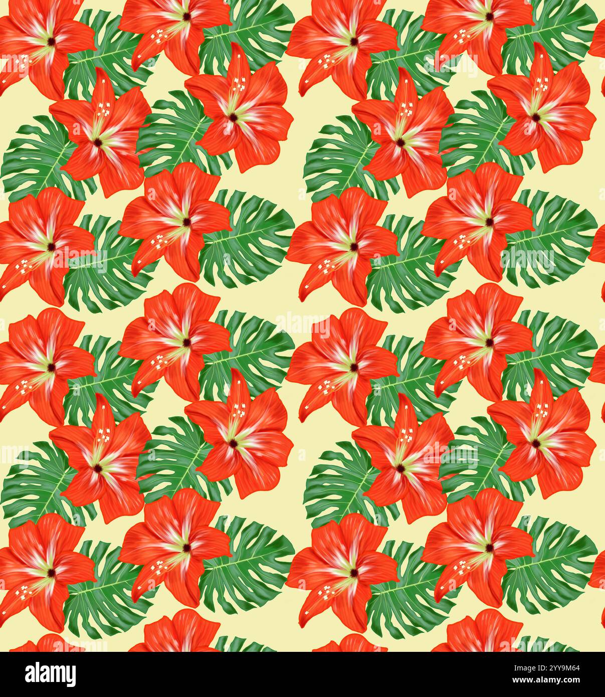 Fleur d'hibiscus peinte numériquement rouge à la main avec motif sans couture de feuille tropicale verte pour l'été, le printemps. arrière-plan. Banque D'Images