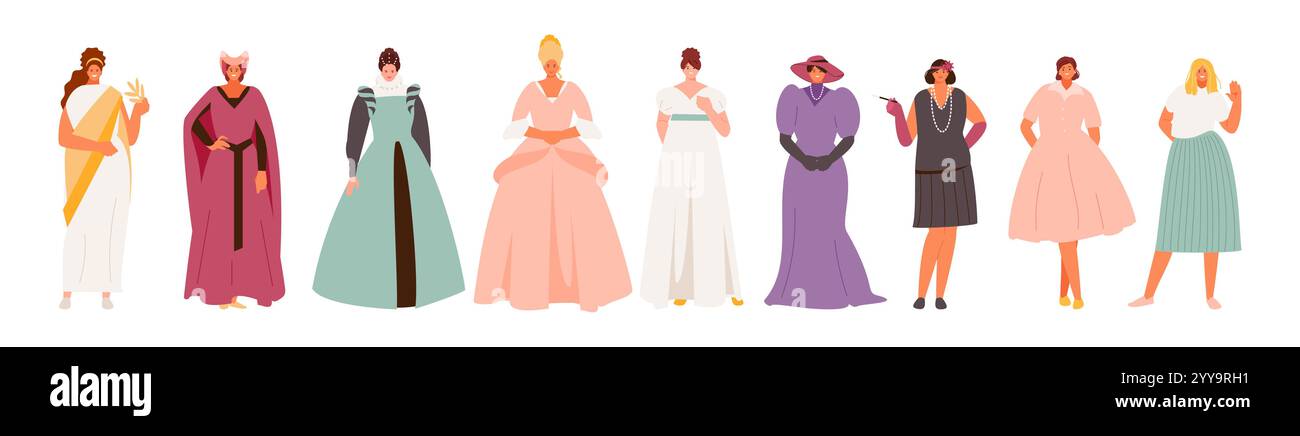Développement de la mode de la femme des temps anciens à nos jours. Moyen âge, rococo, baroque, style Empire. Illustration vectorielle Illustration de Vecteur
