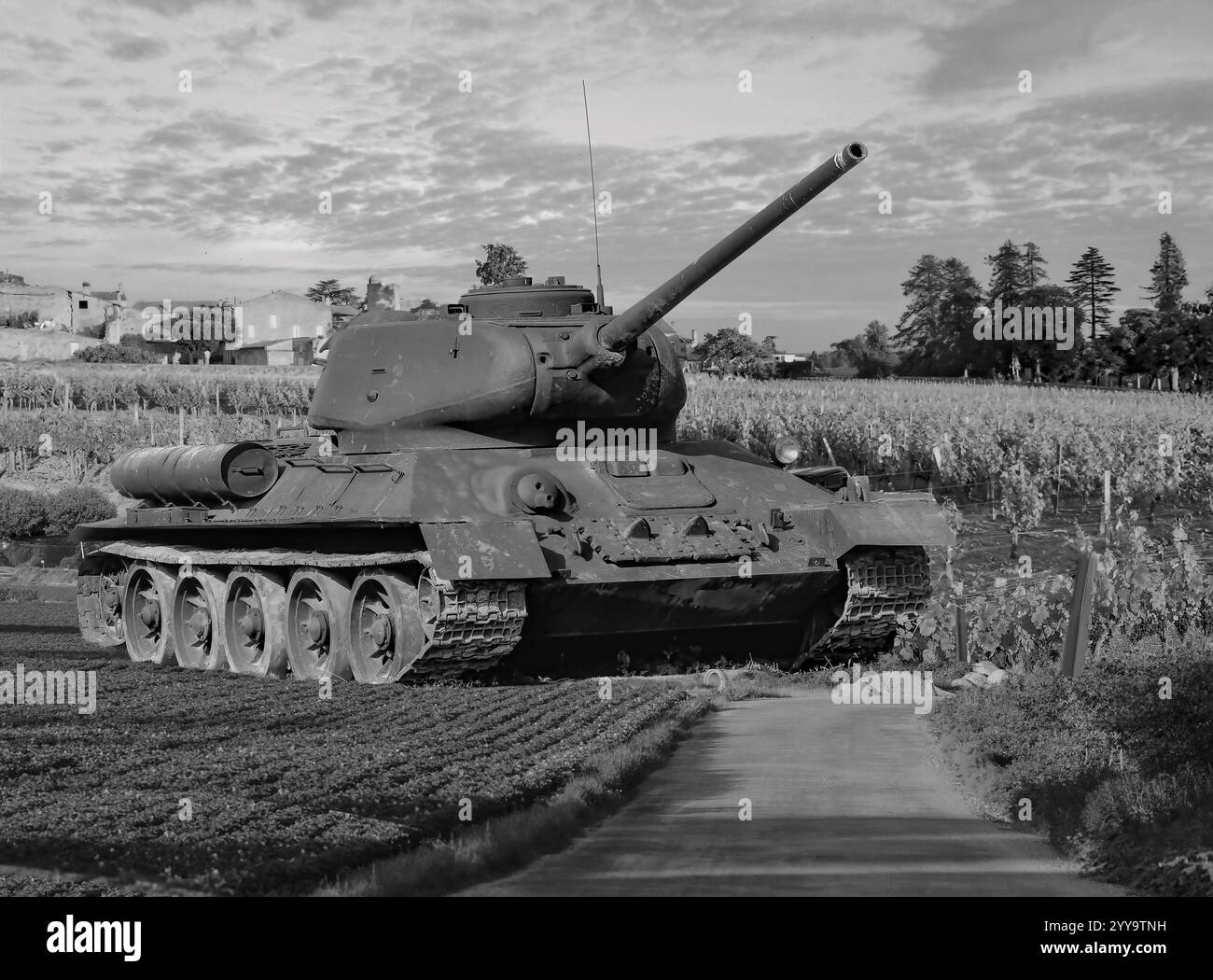 Char russe T34 abandonné dans un vignoble Banque D'Images