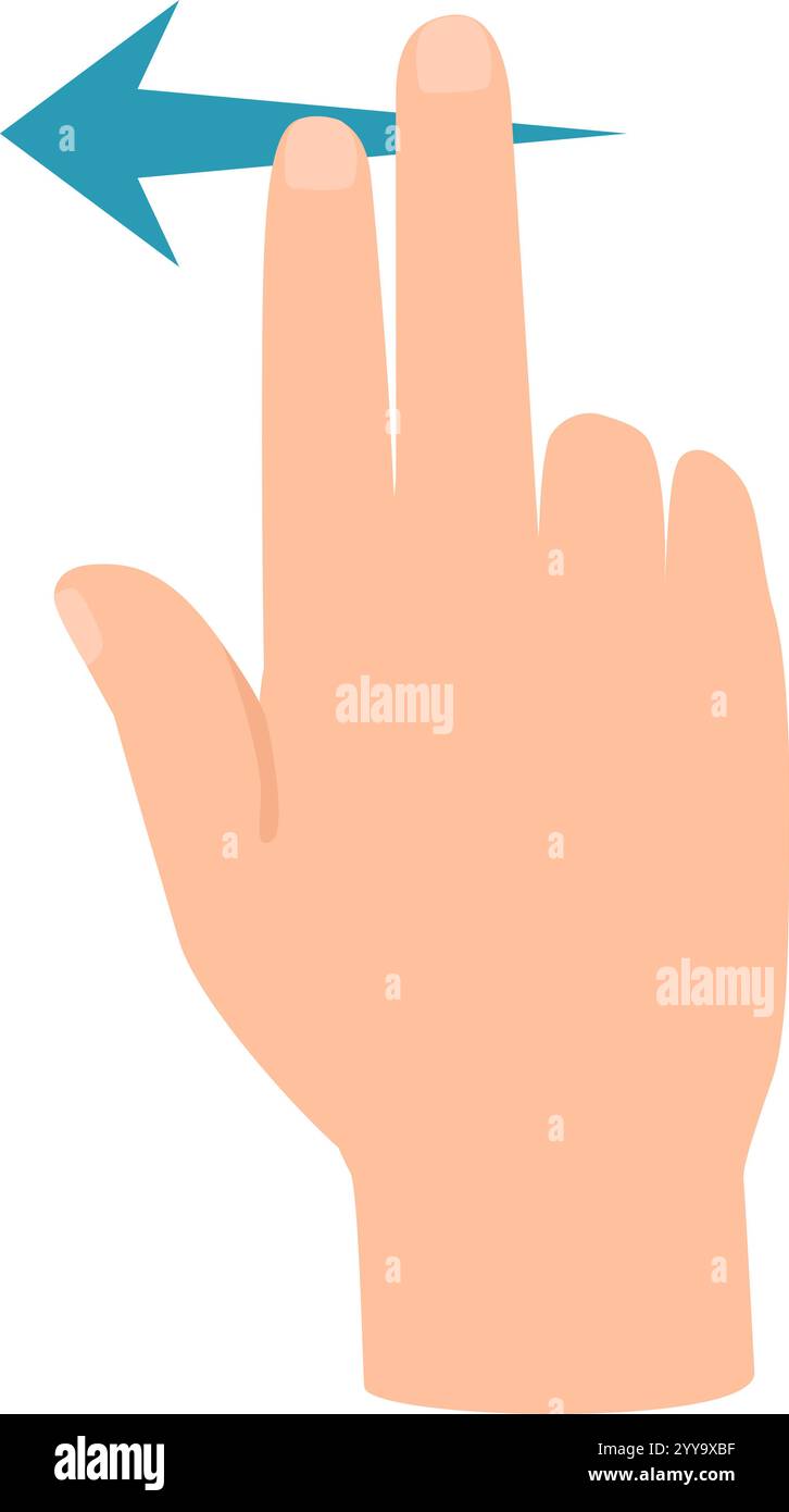 Main de dessin animé à l'aide de deux doigts pour balayer vers la gauche sur un appareil à écran tactile, symbolisant un geste commun pour la navigation ou le retour à un écran précédent Illustration de Vecteur