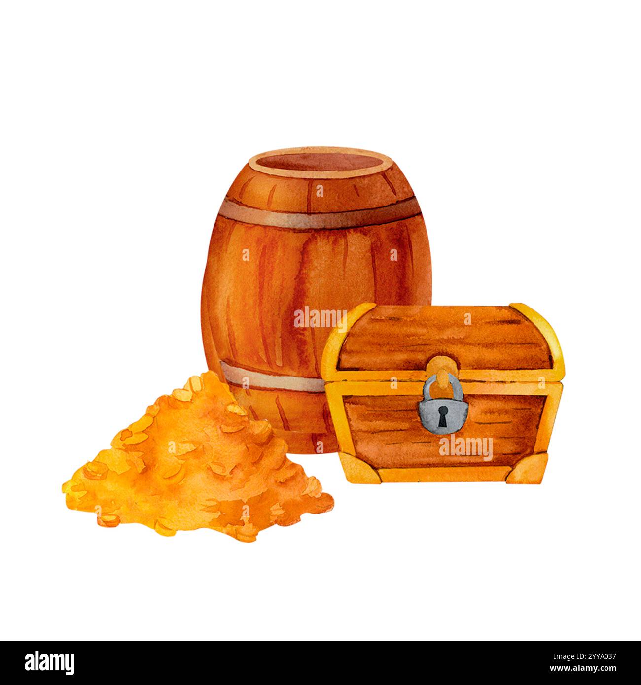 Un coffre au trésor, un tonneau et un tas d'or brillant. le motif aquarelle capture l'essence du butin corsaire, parfait pour la décoration de fête sur le thème des pirates Banque D'Images