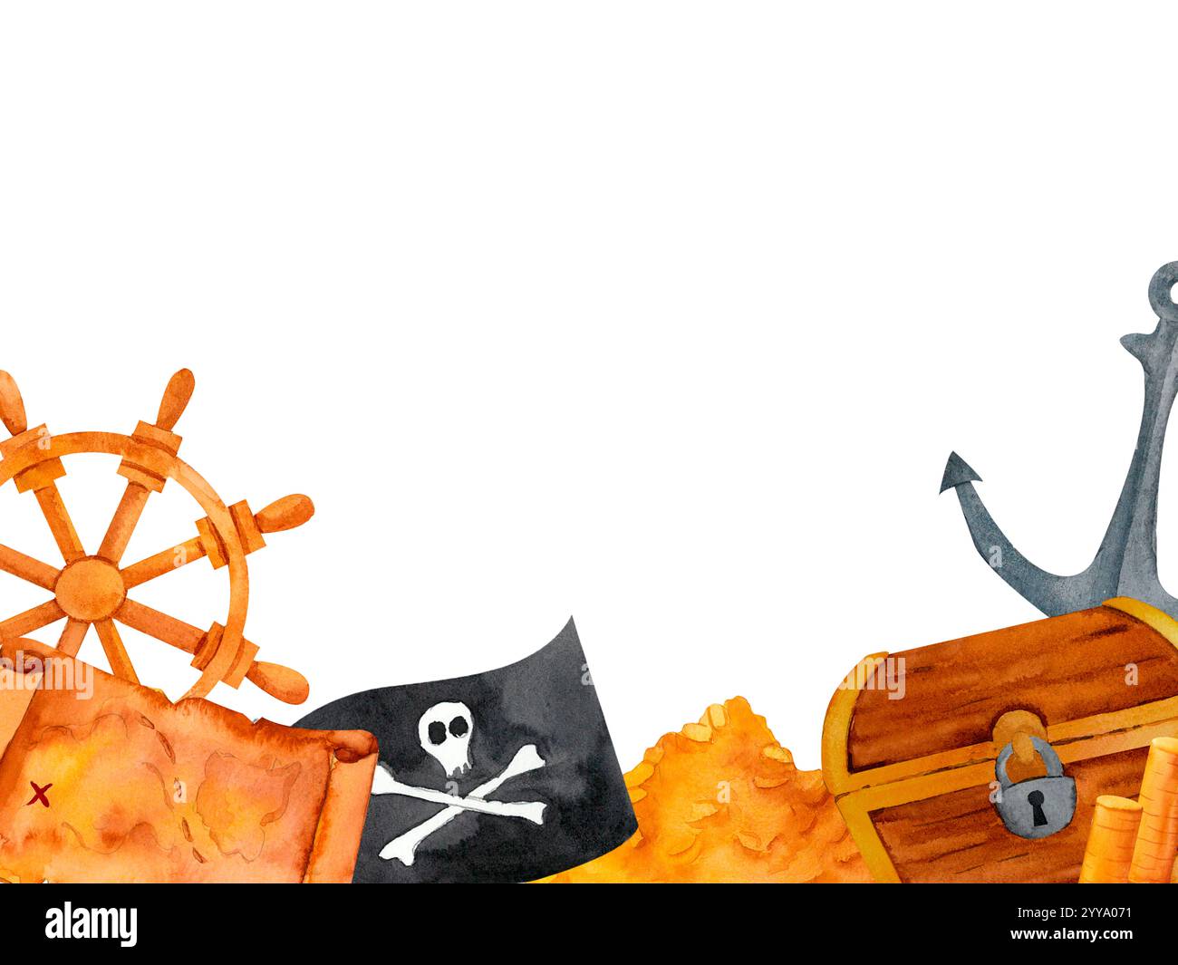 Carte au trésor, roue de bateau, drapeau de Jolly Roger, ancre, et richesses étincelantes, capturer l'essence de l'aventure maritime. Cette conception aquarelle colorée Banque D'Images