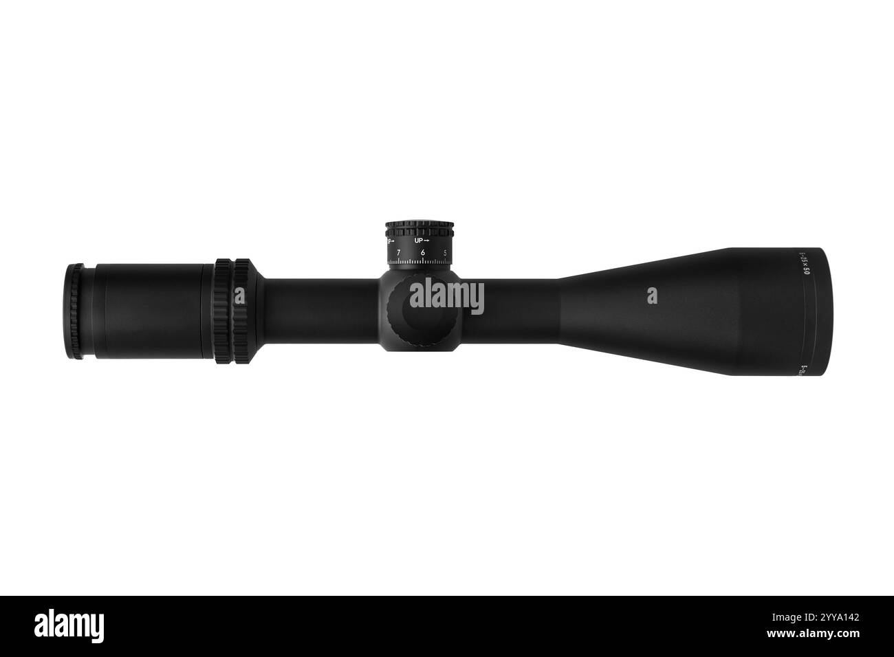Lunette de tir de haute qualité avec tourelles réglables, finition noire mate, idéale pour le tir de précision et la chasse, grossissement 5-25x50, constru durable Banque D'Images
