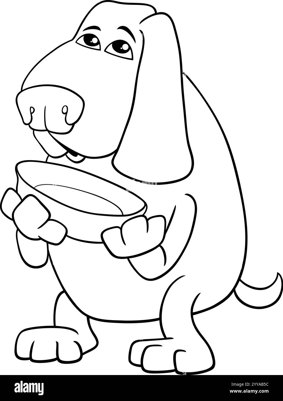 Illustration de dessin animé de personnage animal drôle de chien affamé avec sa page de coloration de bol Illustration de Vecteur