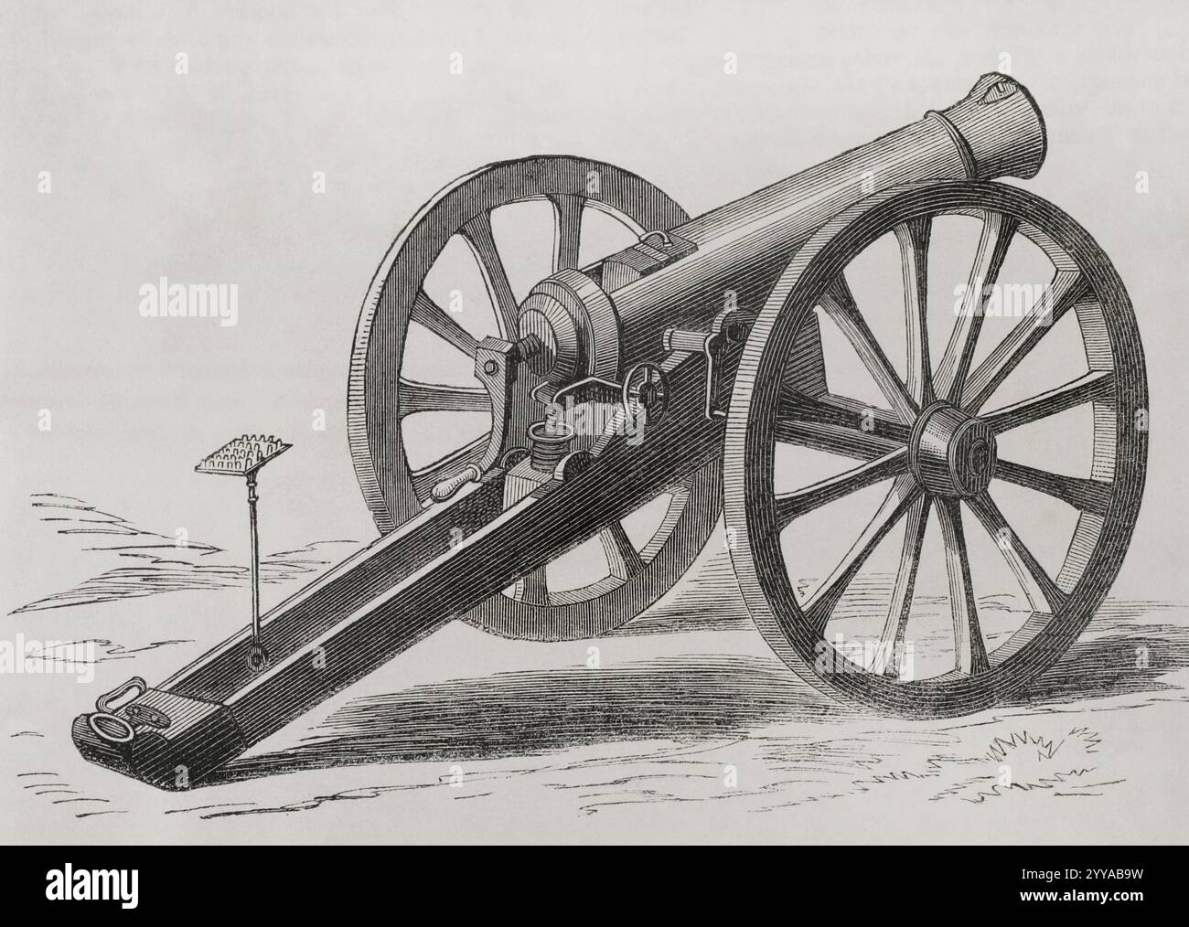 Mitrailleuse française. Vue arrière. Gravure. Historia de la Guerra de Francia y Prusia (histoire de la guerre entre la France et la Prusse). Volume I. publié à Barcelone, 1870. Banque D'Images