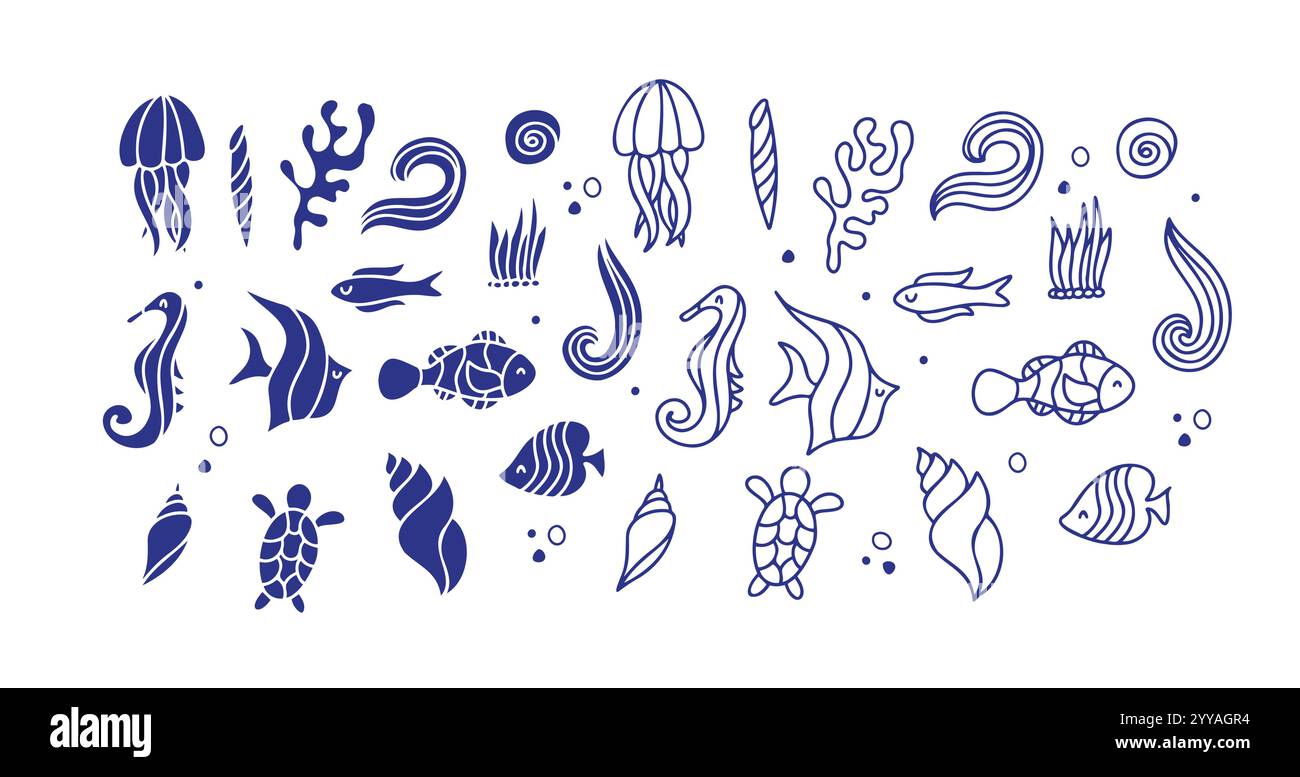 Ensemble d'animaux sous-marins. vie sous-marine. Contour vectoriel et silhouette Illustration de Vecteur