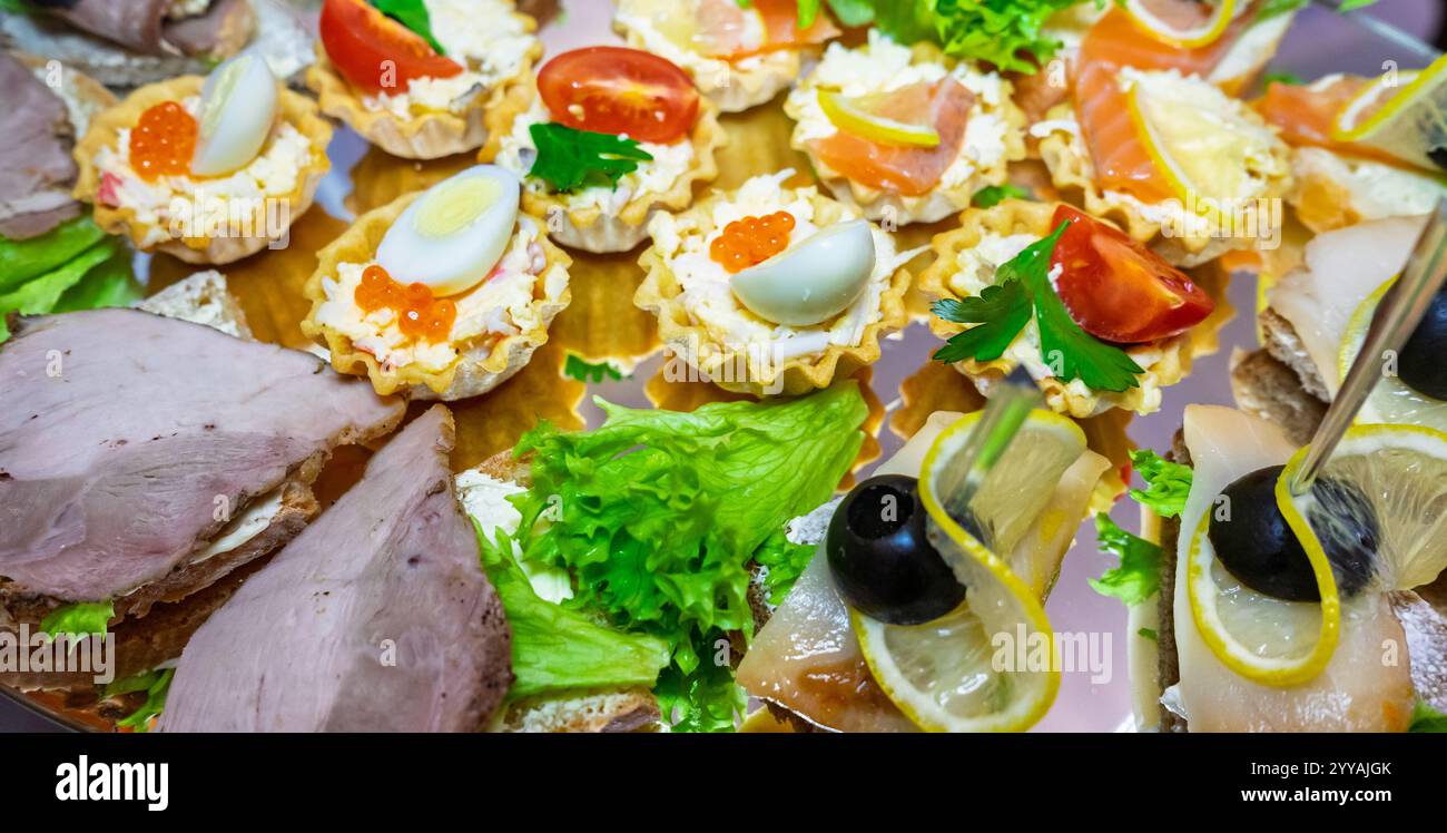 Un plateau magnifiquement arrangé présente une variété de hors-d'œuvre gastronomique, avec des bouchées délicates de fruits de mer, des pâtes à tartiner crémeuses, des légumes frais, et c Banque D'Images