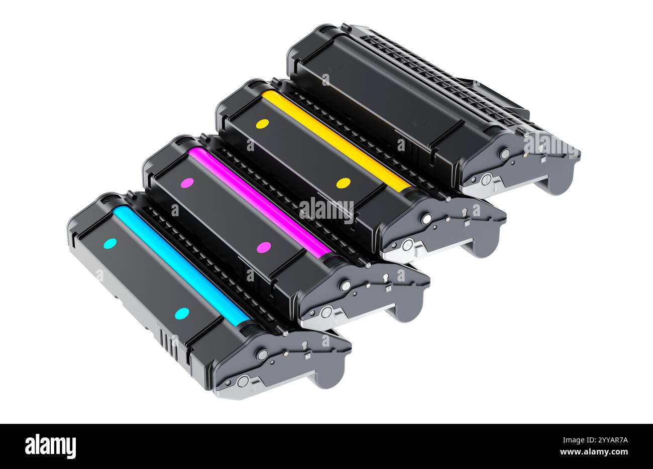 Cartouches de toner laser couleur CMJN, rendu 3D isolé sur fond blanc Banque D'Images