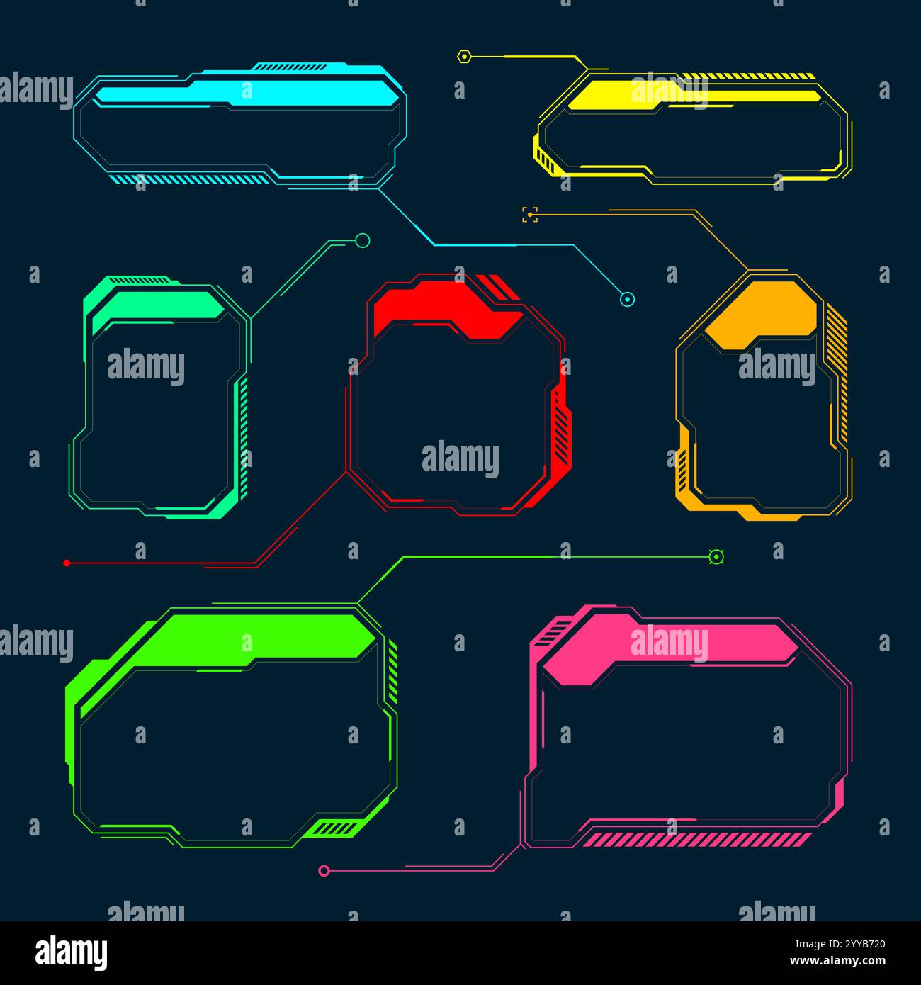Éléments HUD ou UI futuristes. Zones de texte et légendes de l'interface utilisateur SCI-fi. Cadre de message d'avertissement coloré, modèle de boîtes d'information. Jeu moderne Illustration de Vecteur
