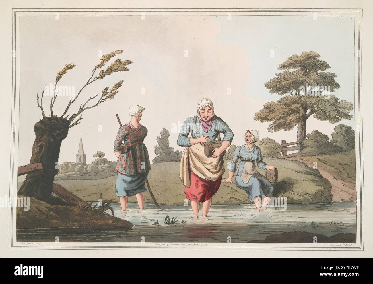 Gravure colorée de femmes collectant des sangsues d'un ruisseau dans le livre The costume of Yorkshire de George Walker, publié en 1814. Les sangsues étaient utilisées pour prélever du sang dans les cabinets médicaux de l'époque. Banque D'Images Gravure colorée de femmes collectant des sangsues d'un ruisseau dans le livre The costume of Yorkshire de George Walker, publié en 1814. Les sangsues étaient utilisées pour prélever du sang dans les cabinets médicaux de l'époque. Banque D'Images